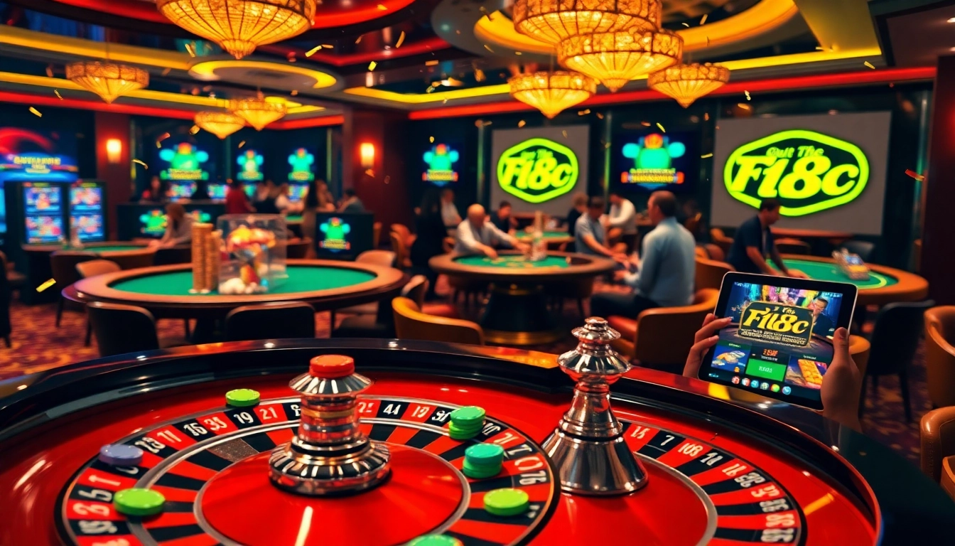 Experience the excitement of f168 đăng nhập at a vibrant casino table with roulette and poker games.