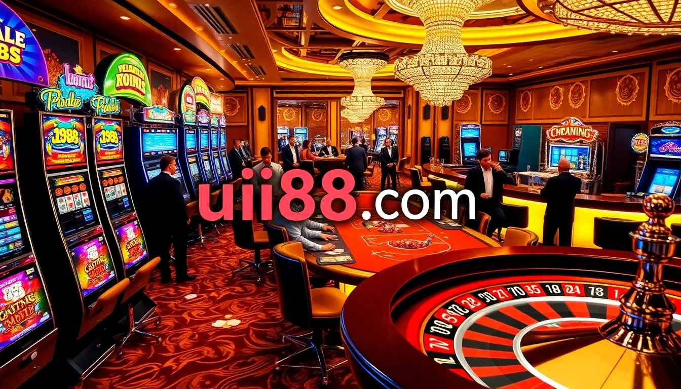Experience the thrill at uu88 com with exciting casino games, colorful slot machines, and lively players at a blackjack table.