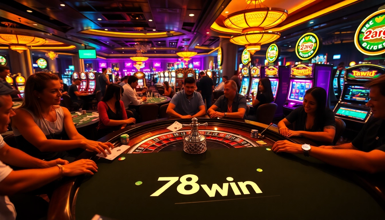 78win casino scene featuring diverse players engaging in roulette and poker, illuminated by vibrant lights.