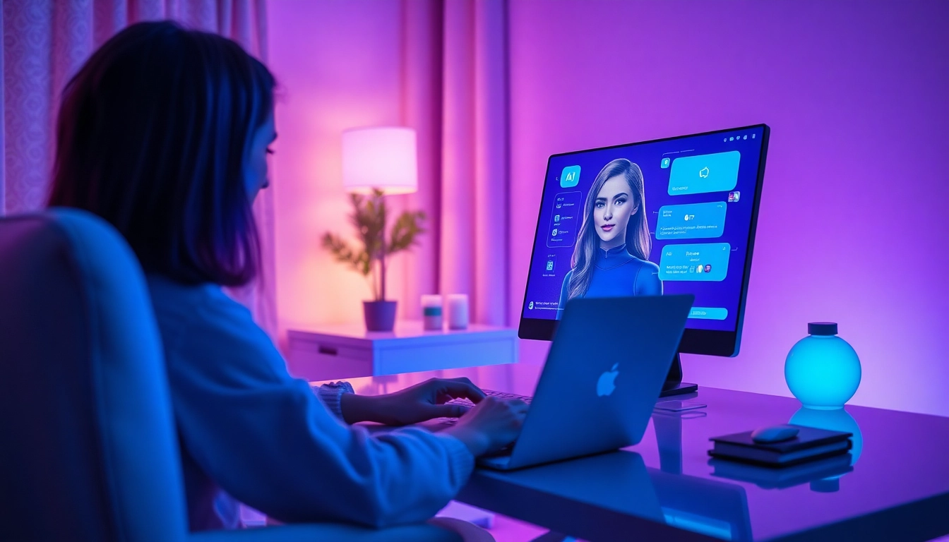 Engaging user in intimate ai porn chat with a futuristic AI character in a cozy room.