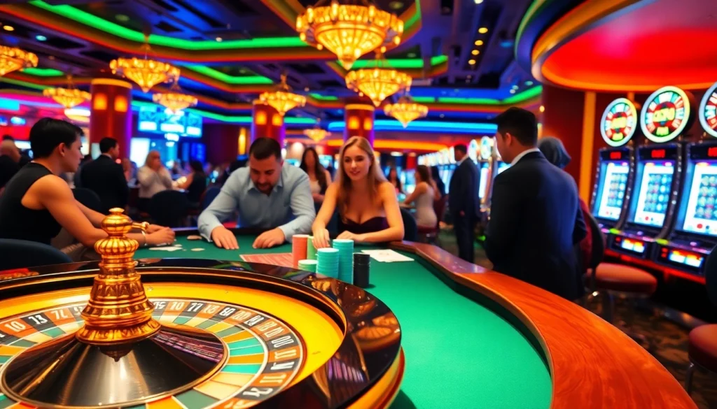 At rr88, players focus on cards and chips in a vibrant casino atmosphere.